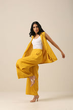 trueBrowns Mustard Yellow Slub Texture Sleevesless Jacket Pant Set | Grocsy
