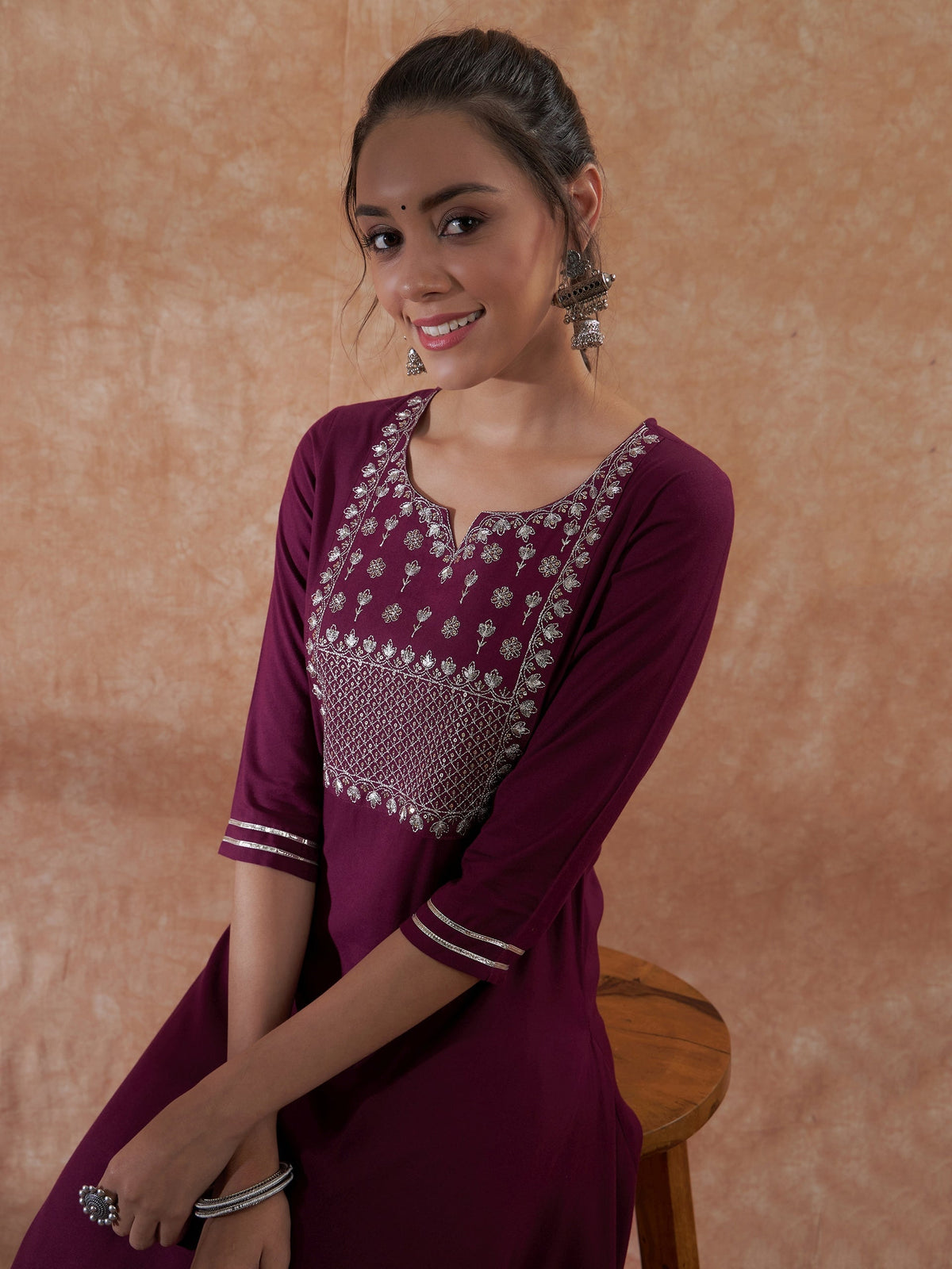 InWeave Women's Burgundy Emb Assymetrical Kurta Pant Set | Grocsy