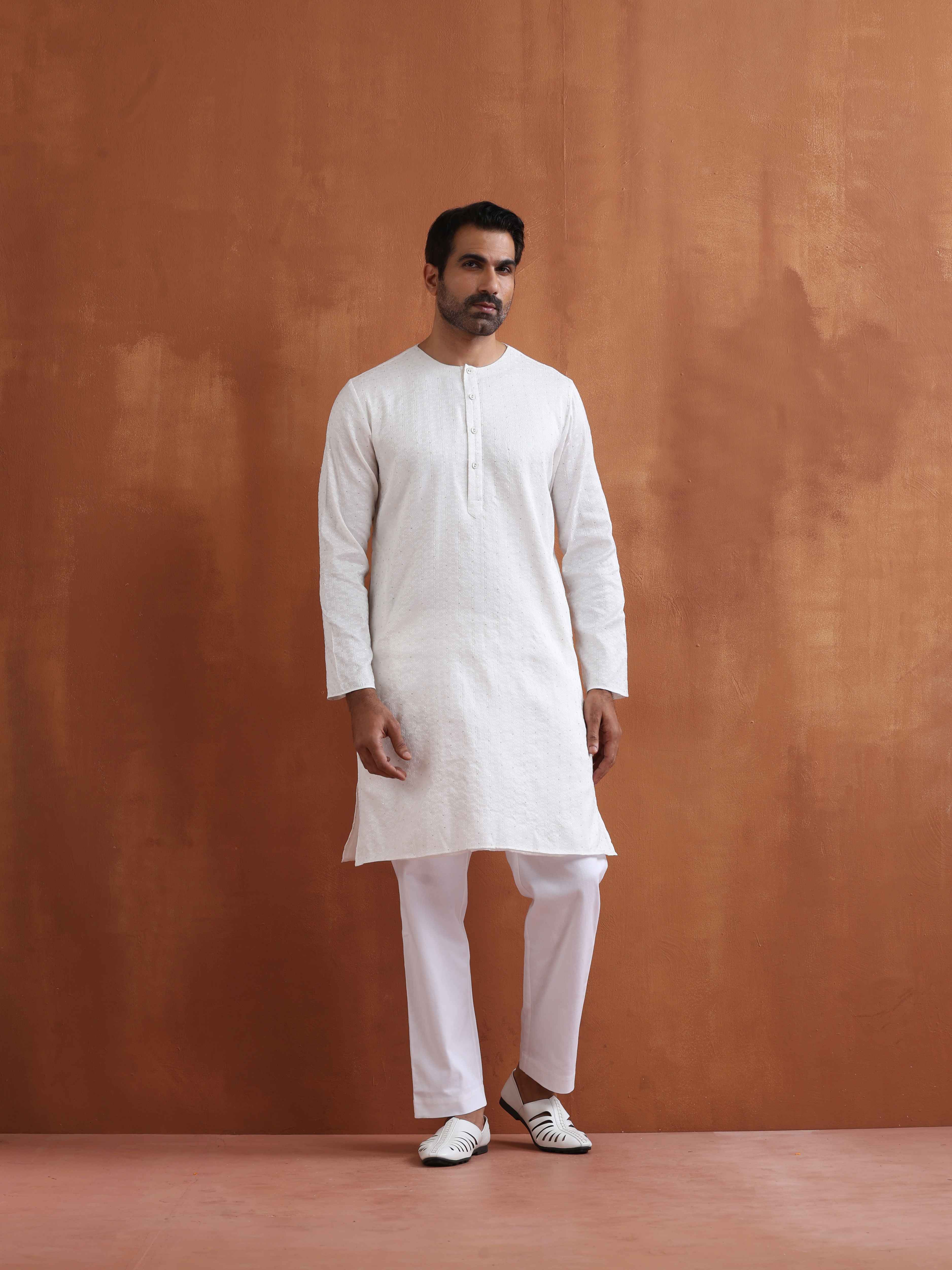 trueBrowns Men's Ivory Sequin Chanderi Kurta | Grocsy