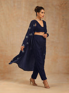 trueBrowns Midnight Blue Velvet Embroidered Jacket Set | Grocsy