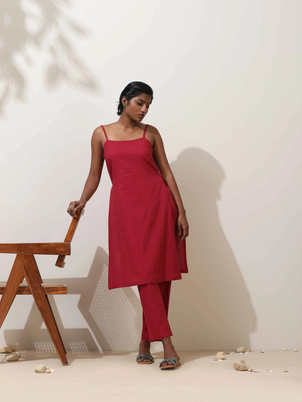 trueBrowns Maroon Cotton Linen Kurta Co-Ord Set | Grocsy