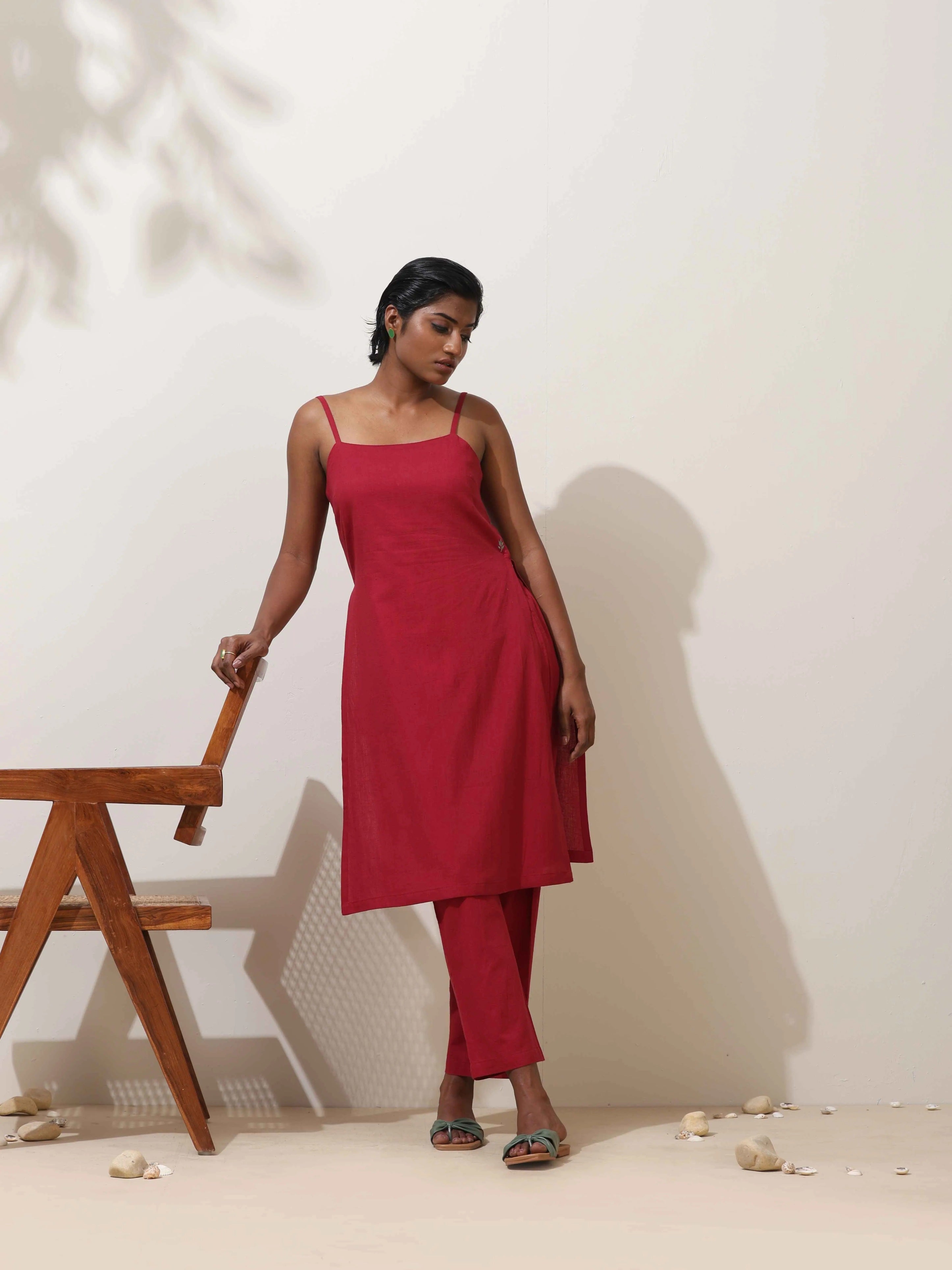 trueBrowns Maroon Cotton Linen Kurta Co-Ord Set | Grocsy