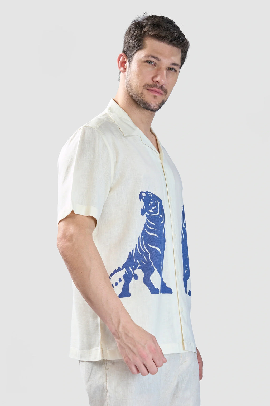 Xkind Tiger Printed Natural Linen Relaxed Fit Shirt | Grocsy