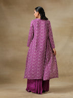trueBrowns Purple Bandhani Printed Silk Top Skirt Jacket Set | Grocsy