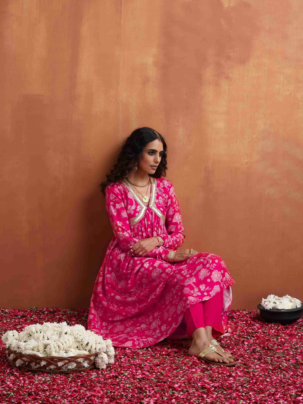 trueBrowns Red Print Flared Anarkali Kurta Set | Grocsy