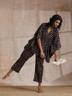 trueBrowns Black Elephant Bagru Print Cotton Kaftan Co-Ord Set | Grocsy