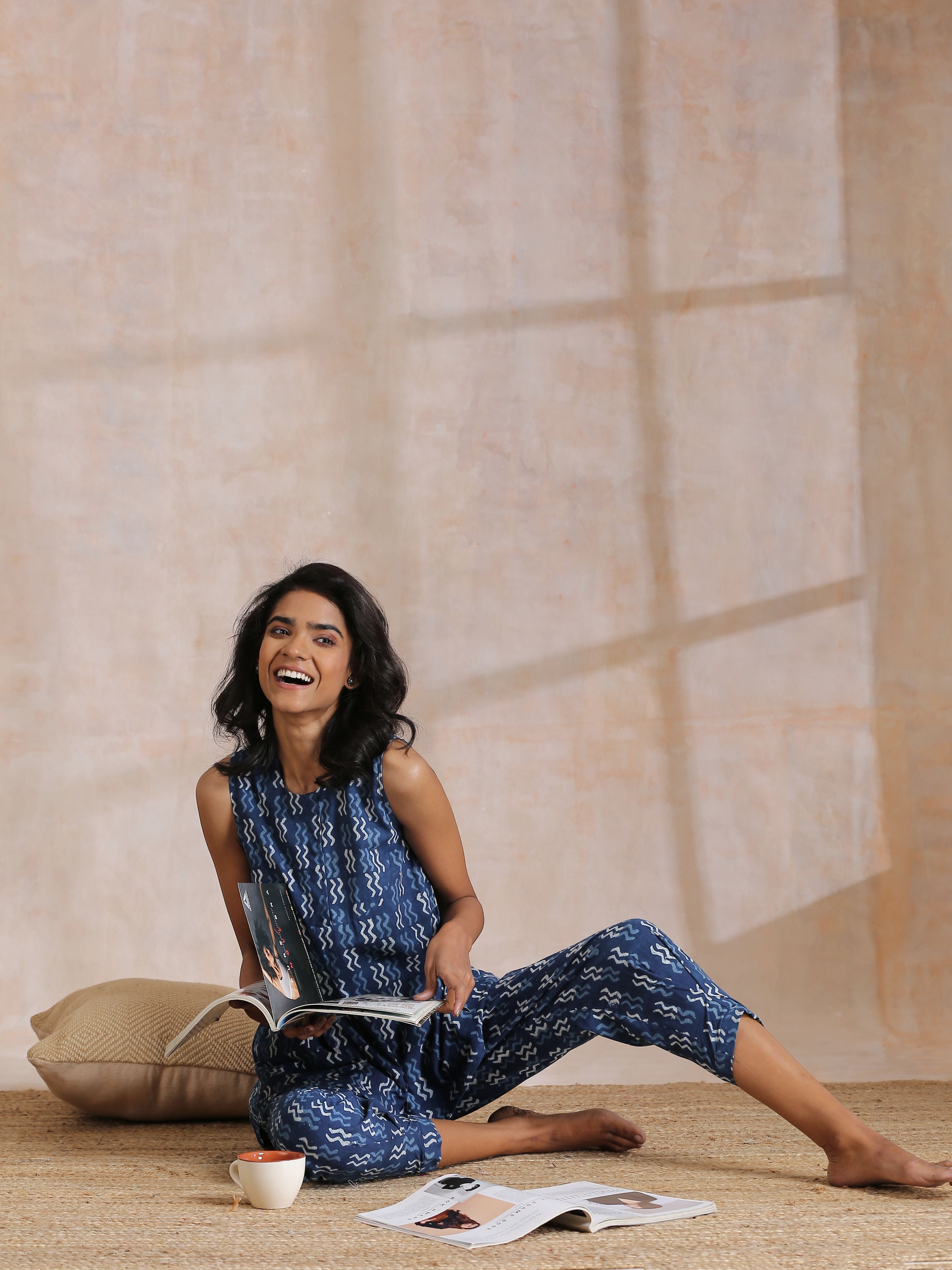 trueBrowns Indigo Dabu Zig-Zag Motifs Print Cotton Sleeveless Co-Ord Set | Grocsy