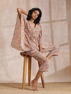 trueBrowns Multicolor Beige Overall Floral Block Print Cotton Kaftan Co-Ord Set | Grocsy