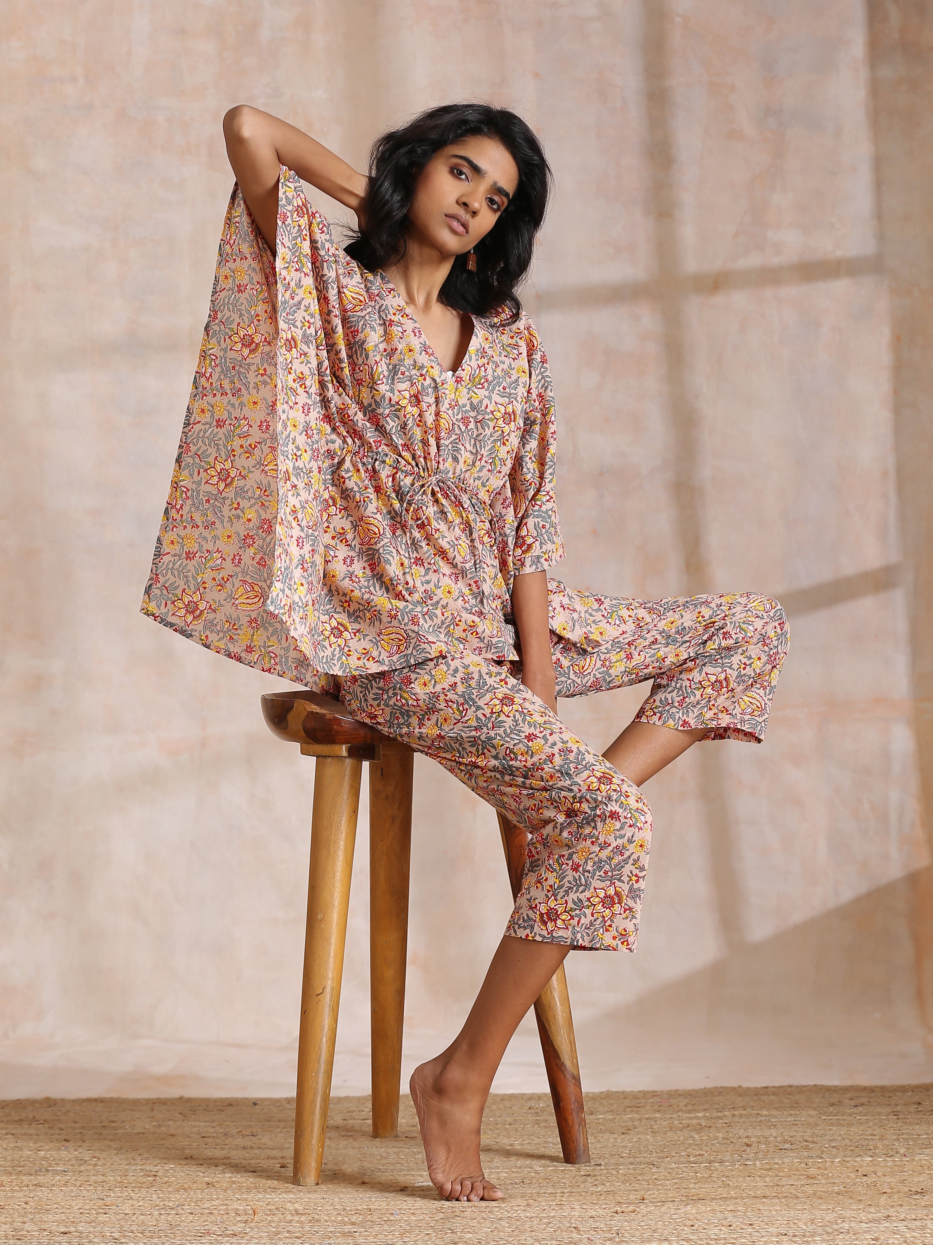 trueBrowns Multicolor Beige Overall Floral Block Print Cotton Kaftan Co-Ord Set | Grocsy