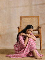 trueBrowns Pink Overall Floral Block Print Cotton Flared Kurta Pant Set | Grocsy
