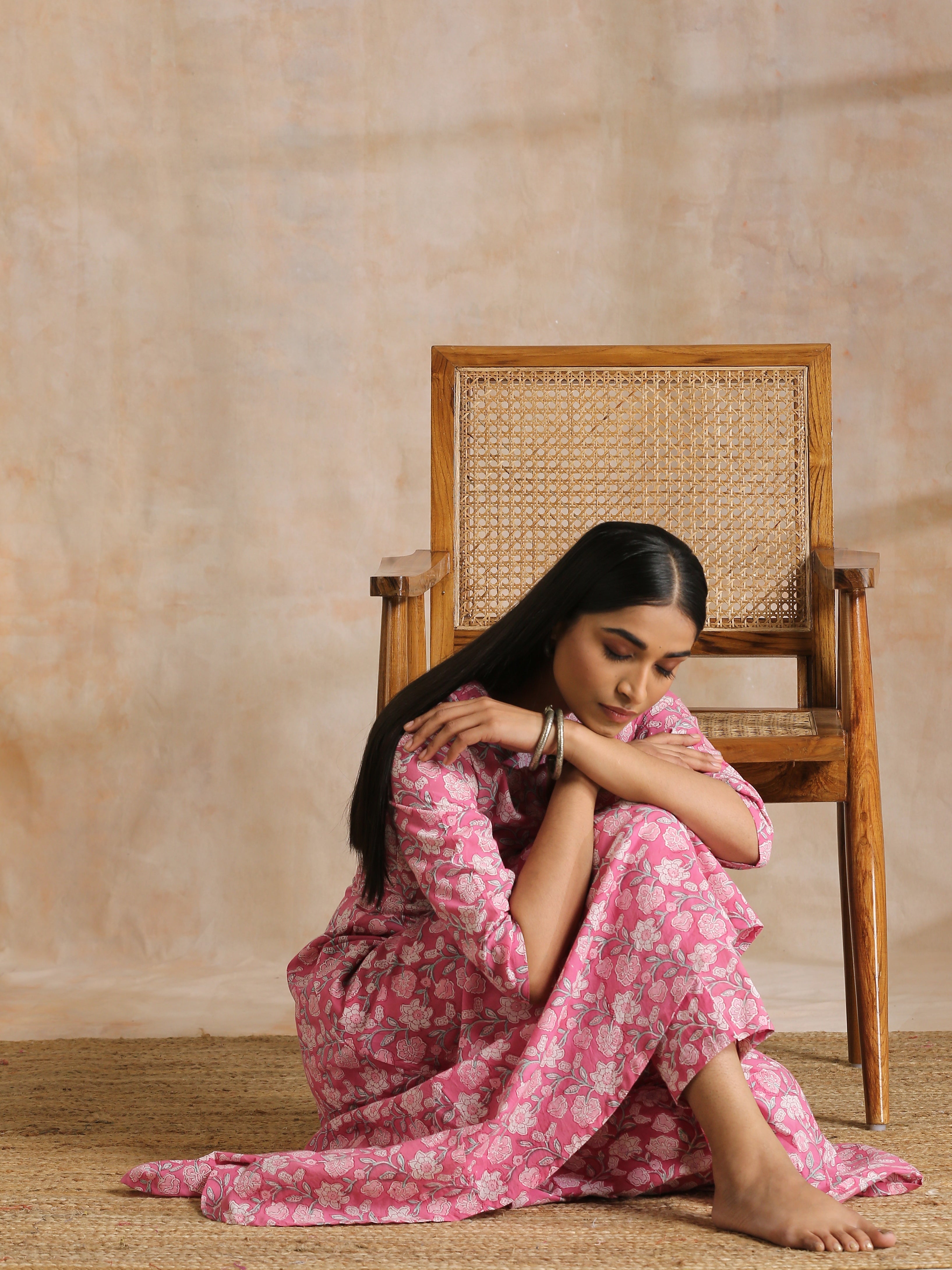 trueBrowns Pink Overall Floral Block Print Cotton Flared Kurta Pant Set | Grocsy