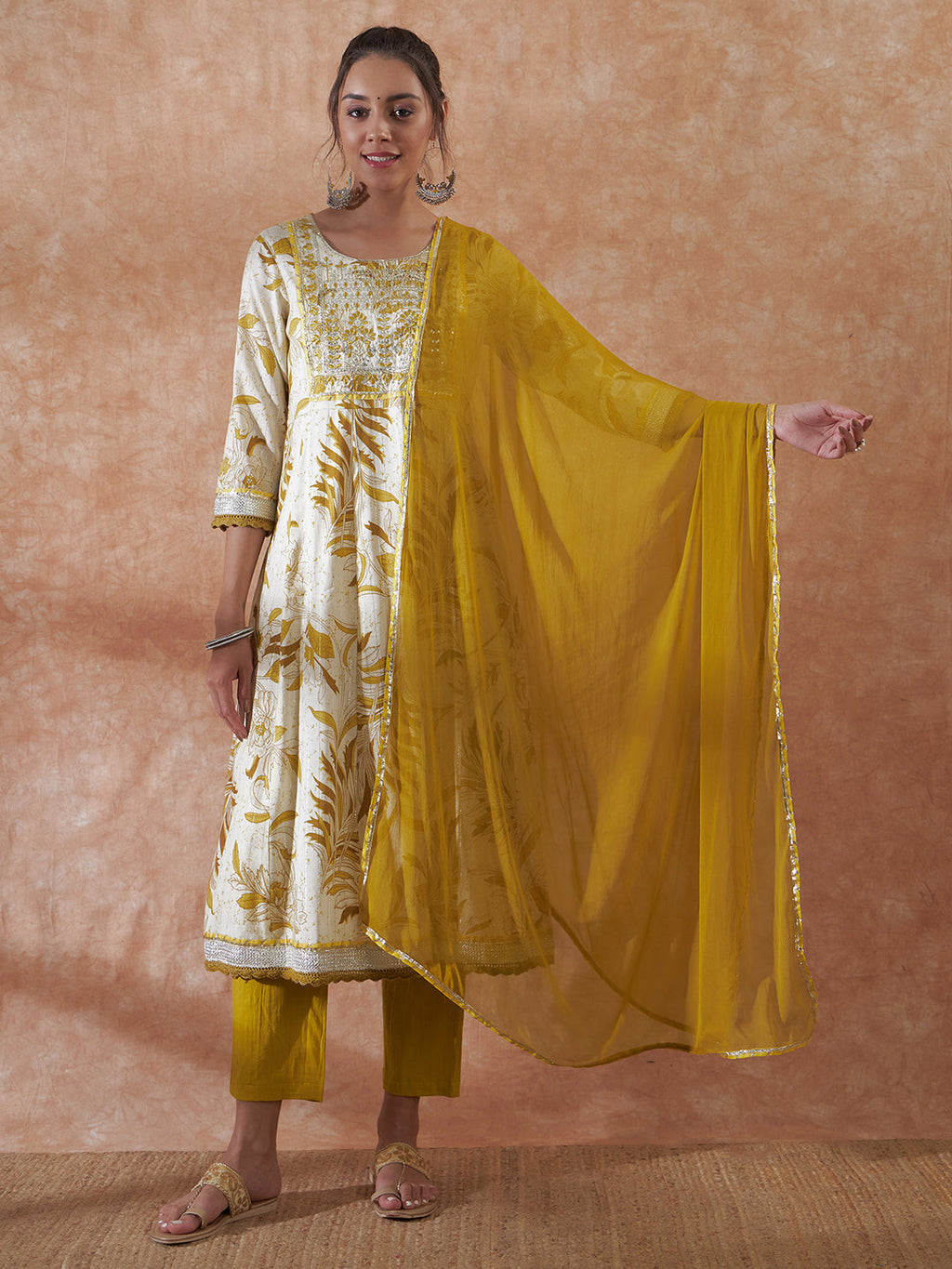 InWeave Women's White Mustard Lurex Leaf Print Patch Gota Kurta Set W Mustard Dupatta | Grocsy