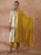 InWeave Women's White Mustard Lurex Leaf Print Patch Gota Kurta Set W Mustard Dupatta | Grocsy