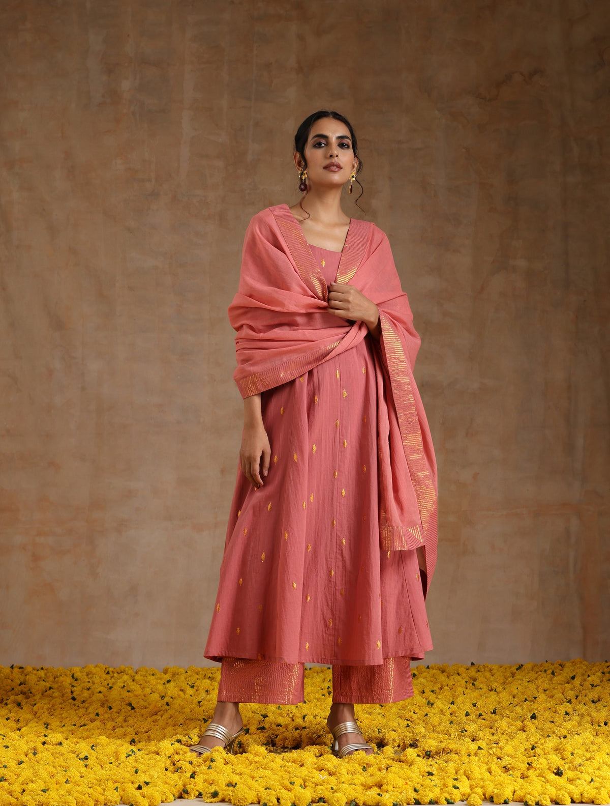 trueBrowns Blush Gold Cotton Anarkali Set | Grocsy