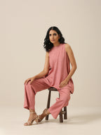 trueBrowns Light Mauve Slub Textured Sleeveless Short Co-Ord Set | Grocsy