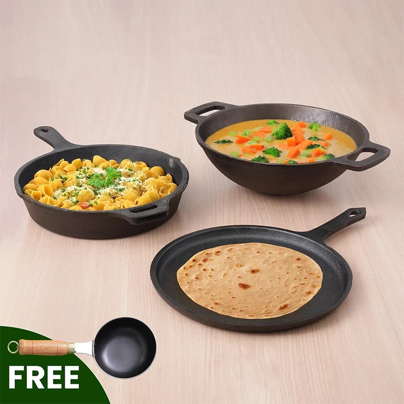 The Indus Valley CASTrong Cast Iron Cookware Set: Tadka Pan + Cast Iron Tawa With Handle (Pre Seasoned) + Cast Iron Kadai Wok Model + Cast Iron Fry Pan, Kitchen set for Home, 100% Pure, Toxin-free | Grocsy