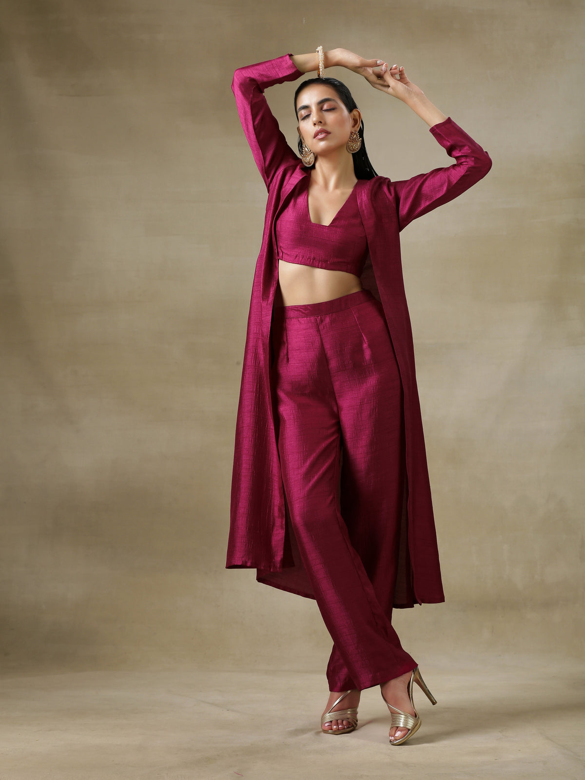 trueBrowns Purple Textured Silk Overlay Jacket Blouse Pant Set | Relove | Grocsy