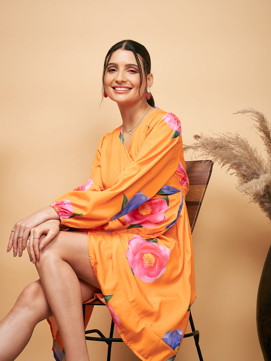 InWeave Women's Haldi Yellow Pink Mauve Flower Belted Dress | Grocsy