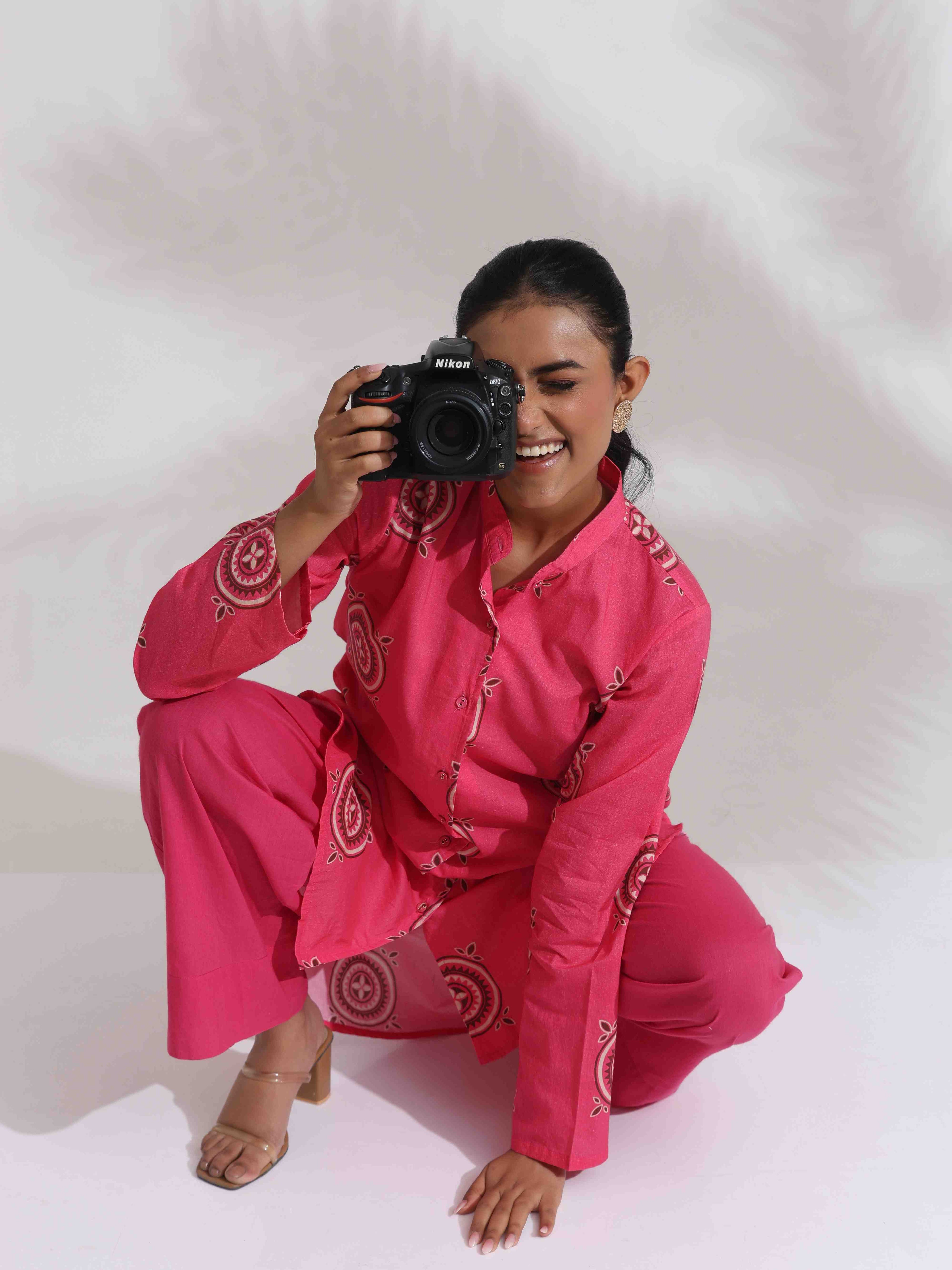 trueBrowns Pink Cotton Print Kurta Co-ord Set | Grocsy