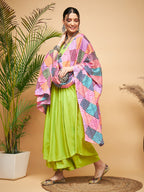 InWeave Women's Lime Green Strappy Set W Square Bandhani Print Silk Dupatta | Grocsy