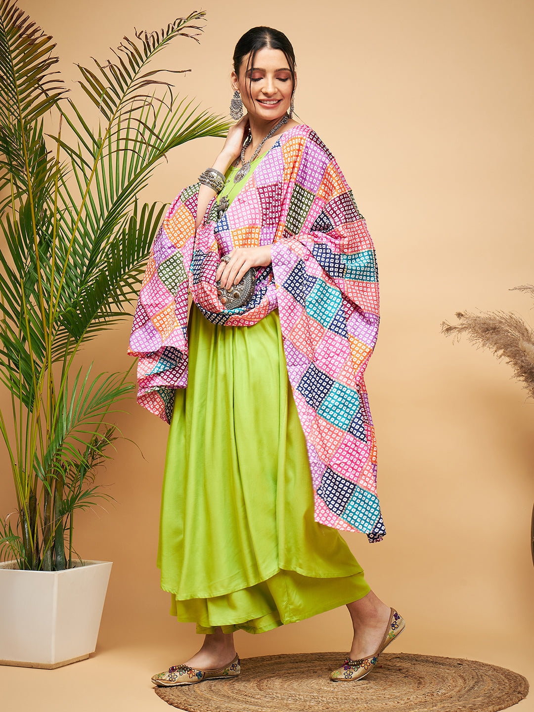 InWeave Women's Lime Green Strappy Set W Square Bandhani Print Silk Dupatta | Grocsy