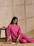 trueBrowns Pink Dabu Print Cotton Baggy Sleeve Co-Ord Set | Grocsy