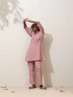trueBrowns Pink Cotton Linen Kurta Co-Ord Set | Grocsy