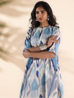 trueBrowns Blue Cotton Ikat Flared Kurta Pant Set | Grocsy