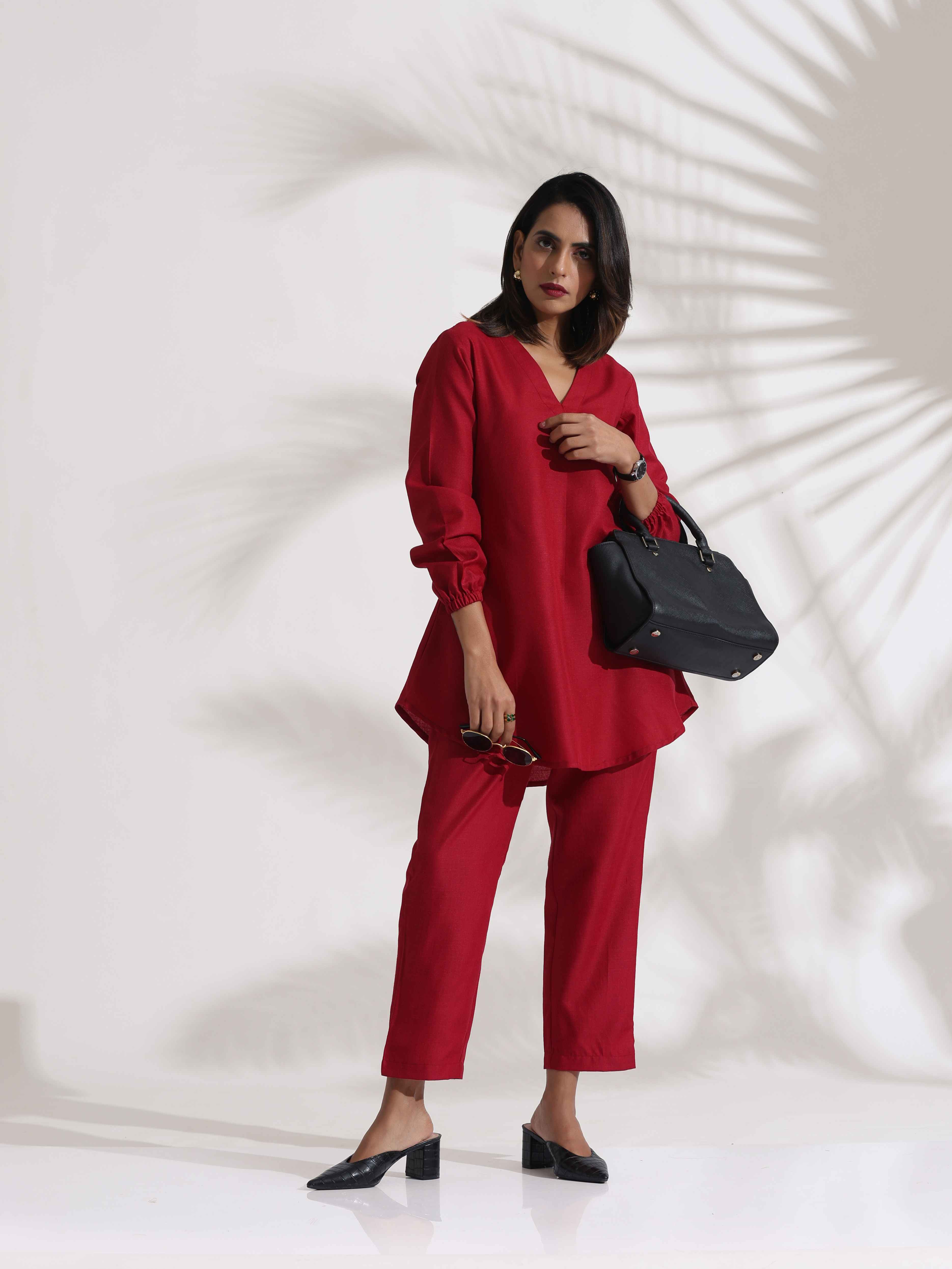 trueBrowns Maroon Slub Co-ord Set | Grocsy