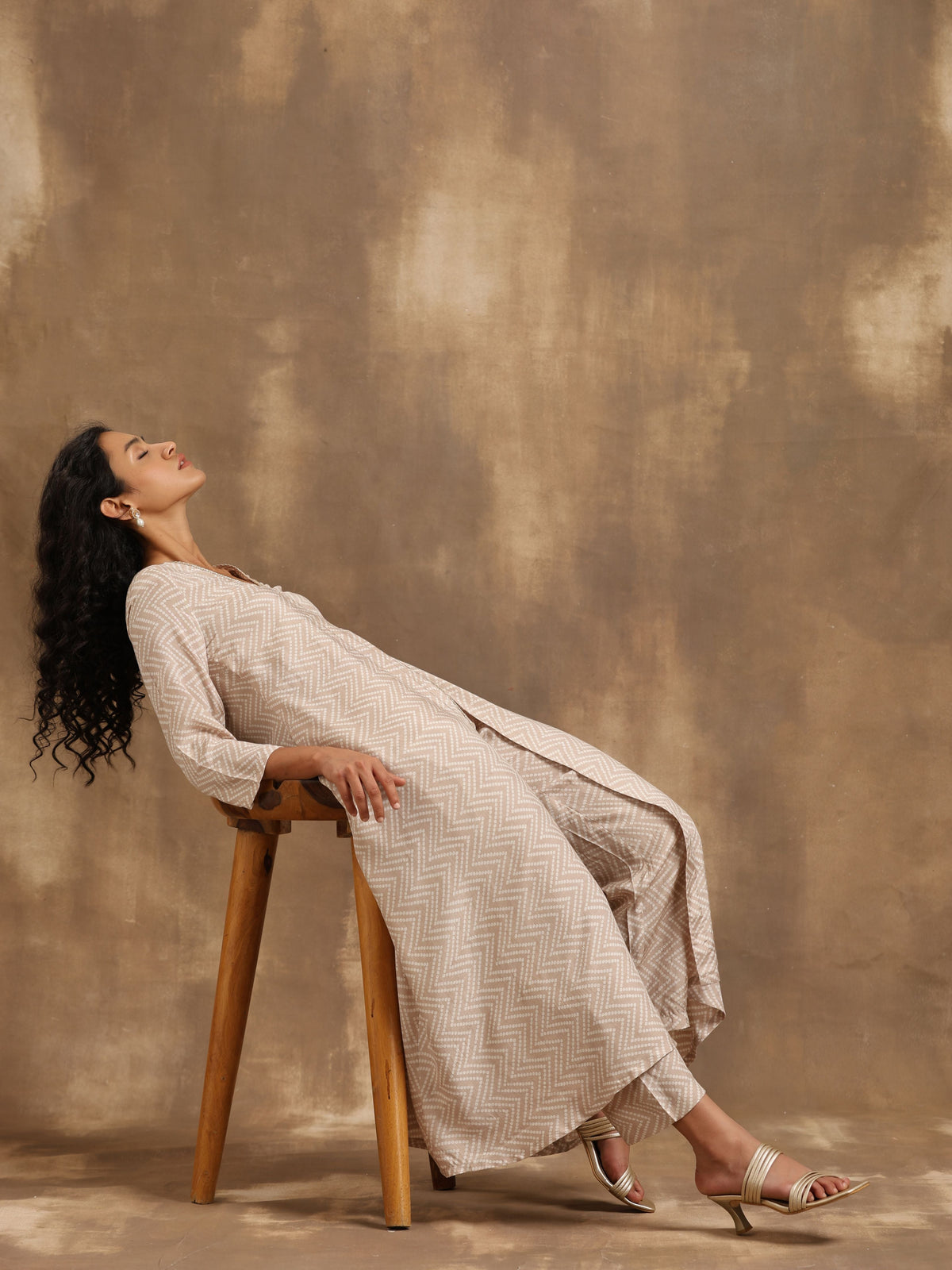 trueBrowns Beige Zig-Zag Print Silk Angrakha Kurta Pant Set | Grocsy