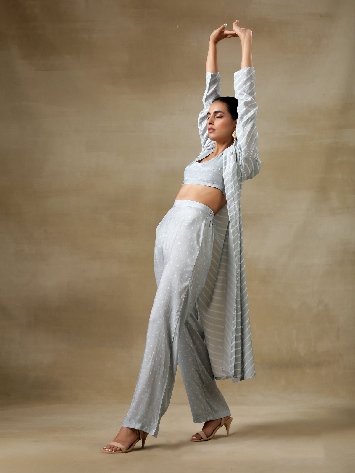 trueBrowns Grey Bandhani Printed Silk Overlay Jacket Blouse Pant Set | Grocsy
