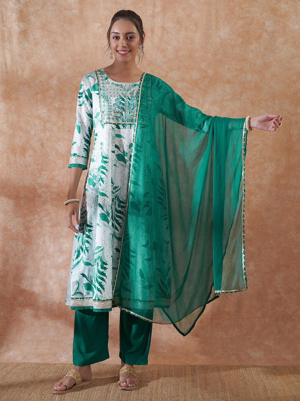 InWeave Women's White Teal Lurex Leaf Print Patch Gota Kurta Set W Teal Dupatta | Grocsy