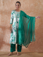 InWeave Women's White Teal Lurex Leaf Print Patch Gota Kurta Set W Teal Dupatta | Grocsy