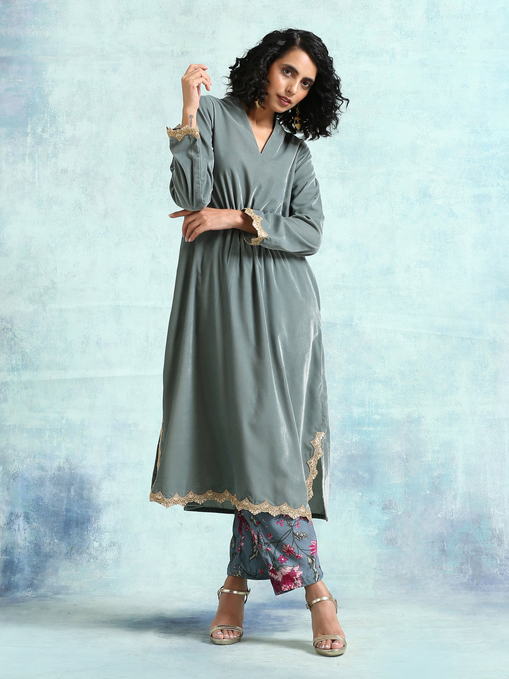 trueBrowns Grey Velvet Lace Kurta Pant Set | Grocsy