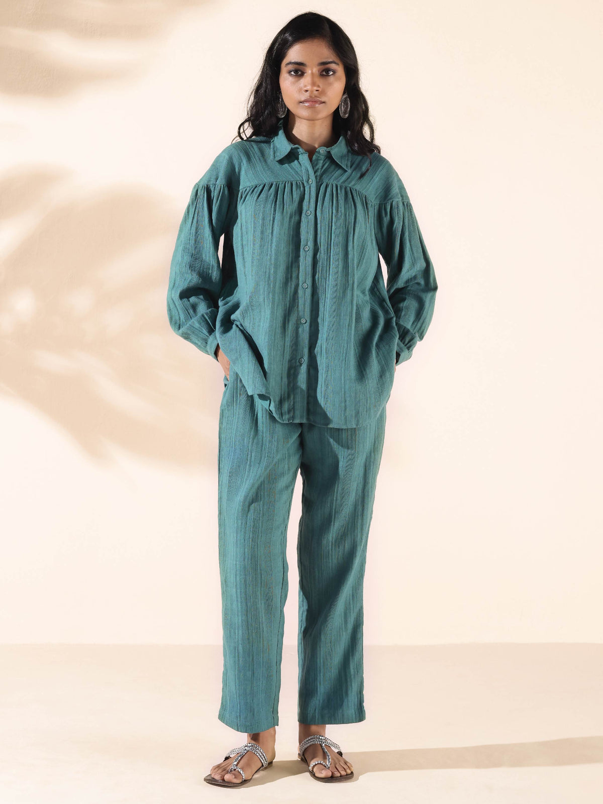 trueBrowns Turquoise Cotton Dobby Shirt Co-ord Set | Grocsy