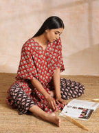 trueBrowns Rust Red Bagru Floral Print Cotton Panel Kaftan Kurta Pant Set | Grocsy