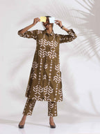 trueBrowns Olive Green Cotton Stripe Print Shirt Kurta Set | Grocsy
