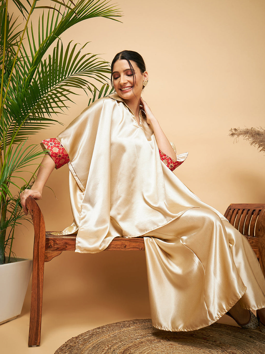 InWeave Women's Beige Red Brocade Boho Satin Top W Palazzo Set | Grocsy