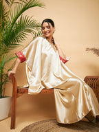 InWeave Women's Beige Red Brocade Boho Satin Top W Palazzo Set | Grocsy