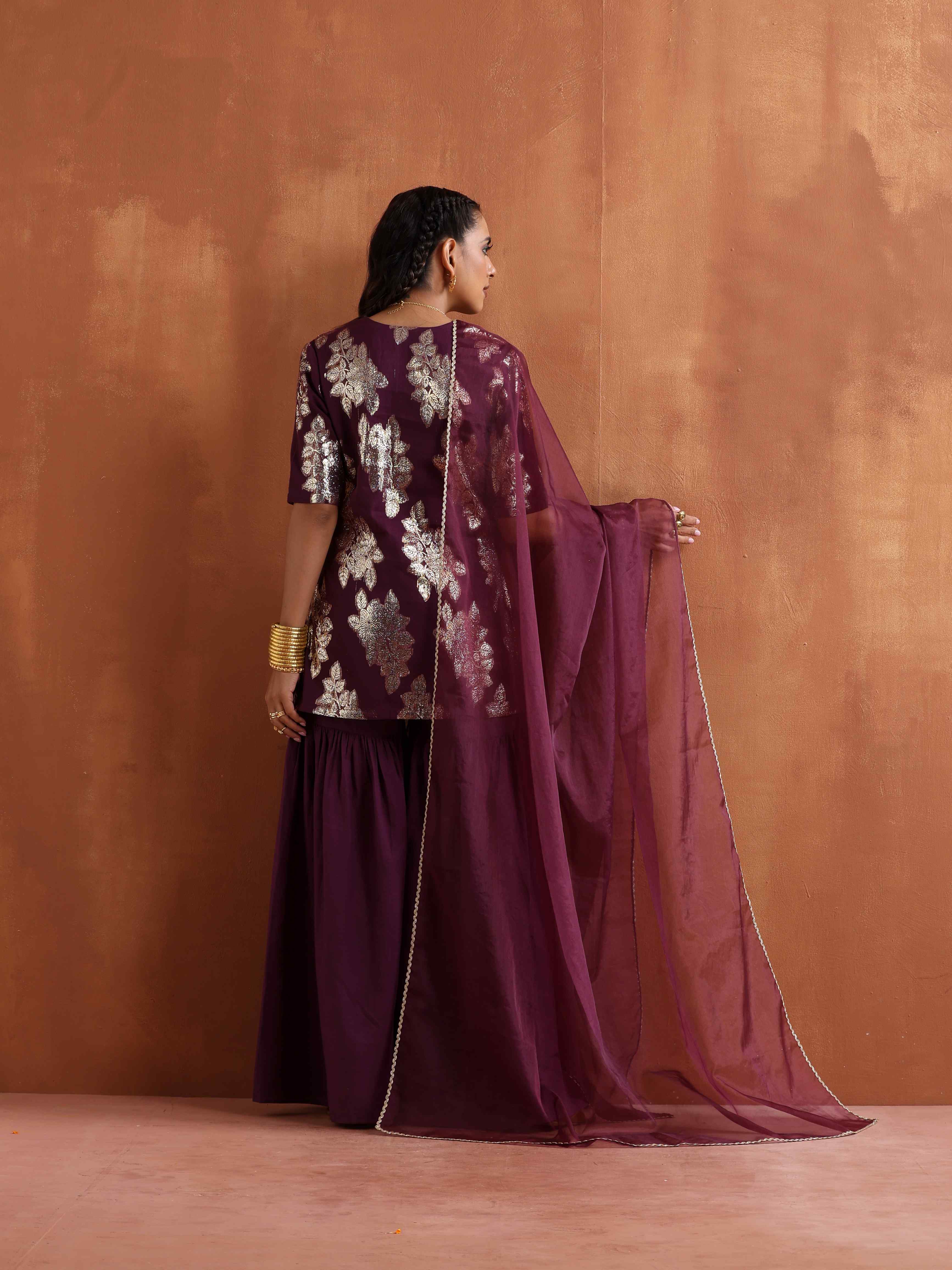 trueBrowns Purple Metallic Sharara Dupatta Set | Grocsy