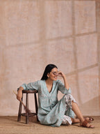 trueBrowns Tiffany Blue Floral Block Print Cotton Front Neck Gathered Kurta Pant Set | Grocsy