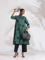 trueBrowns Green Cotton Print Front Slit Kurta Set | Grocsy