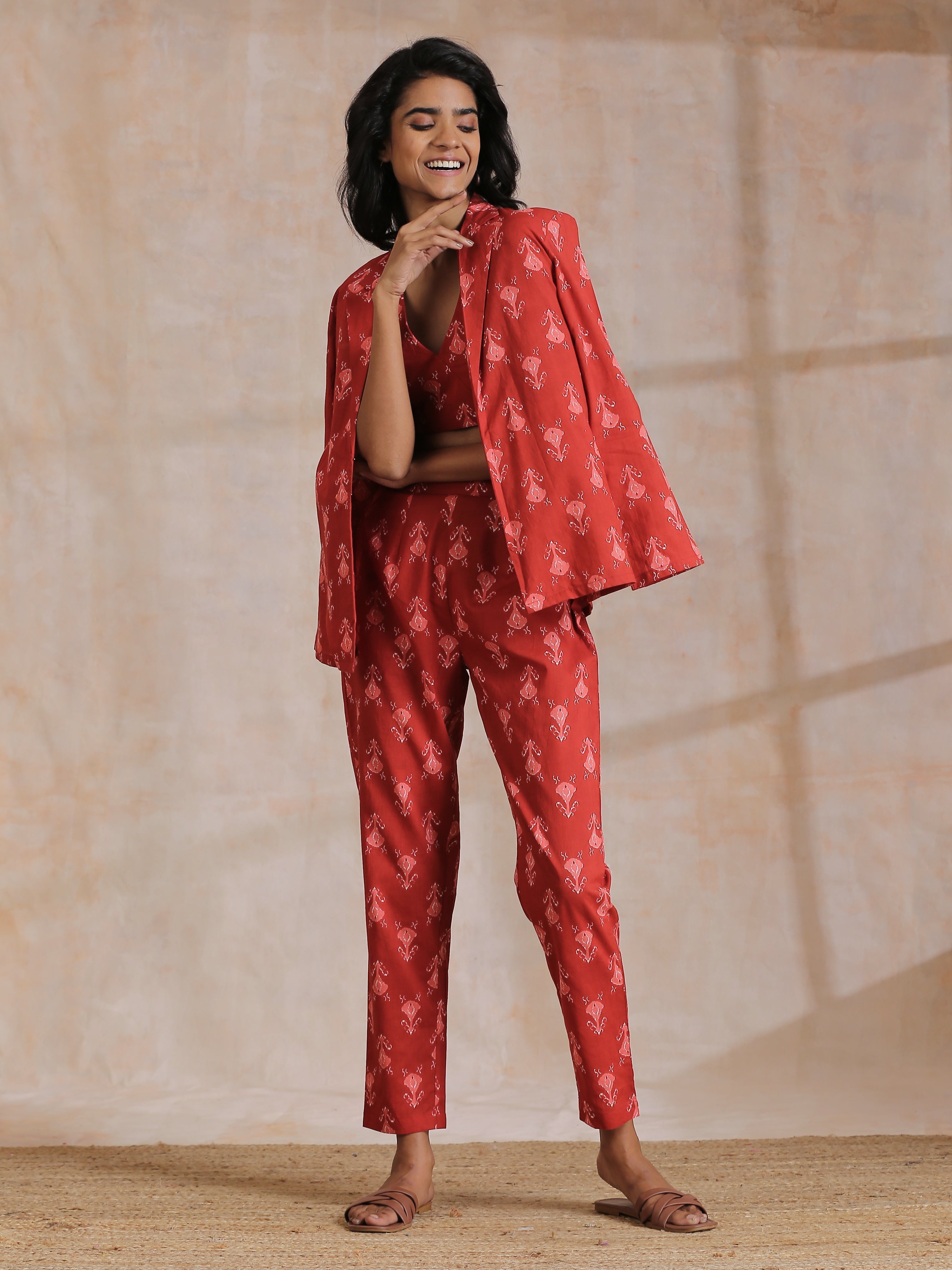 trueBrowns Red On Red Ikat Print Cotton Pant Suit Set | Grocsy