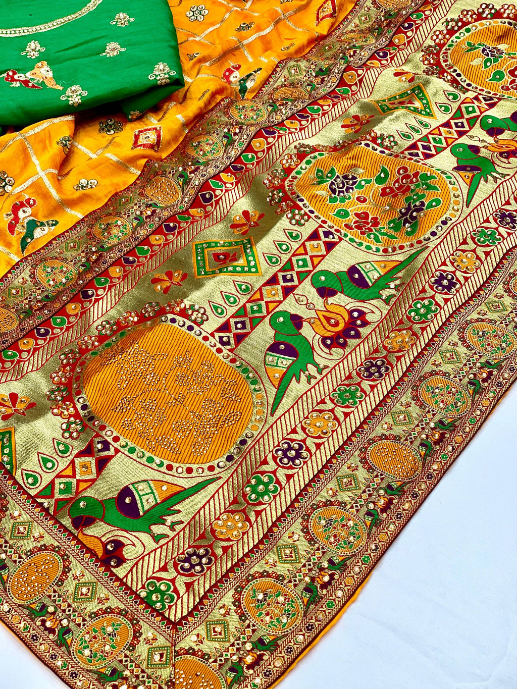 Lorenvalley Fashion Premium Yellow Vichitra Silk Embroidery and Diamond work Both Side Saree | Grocsy
