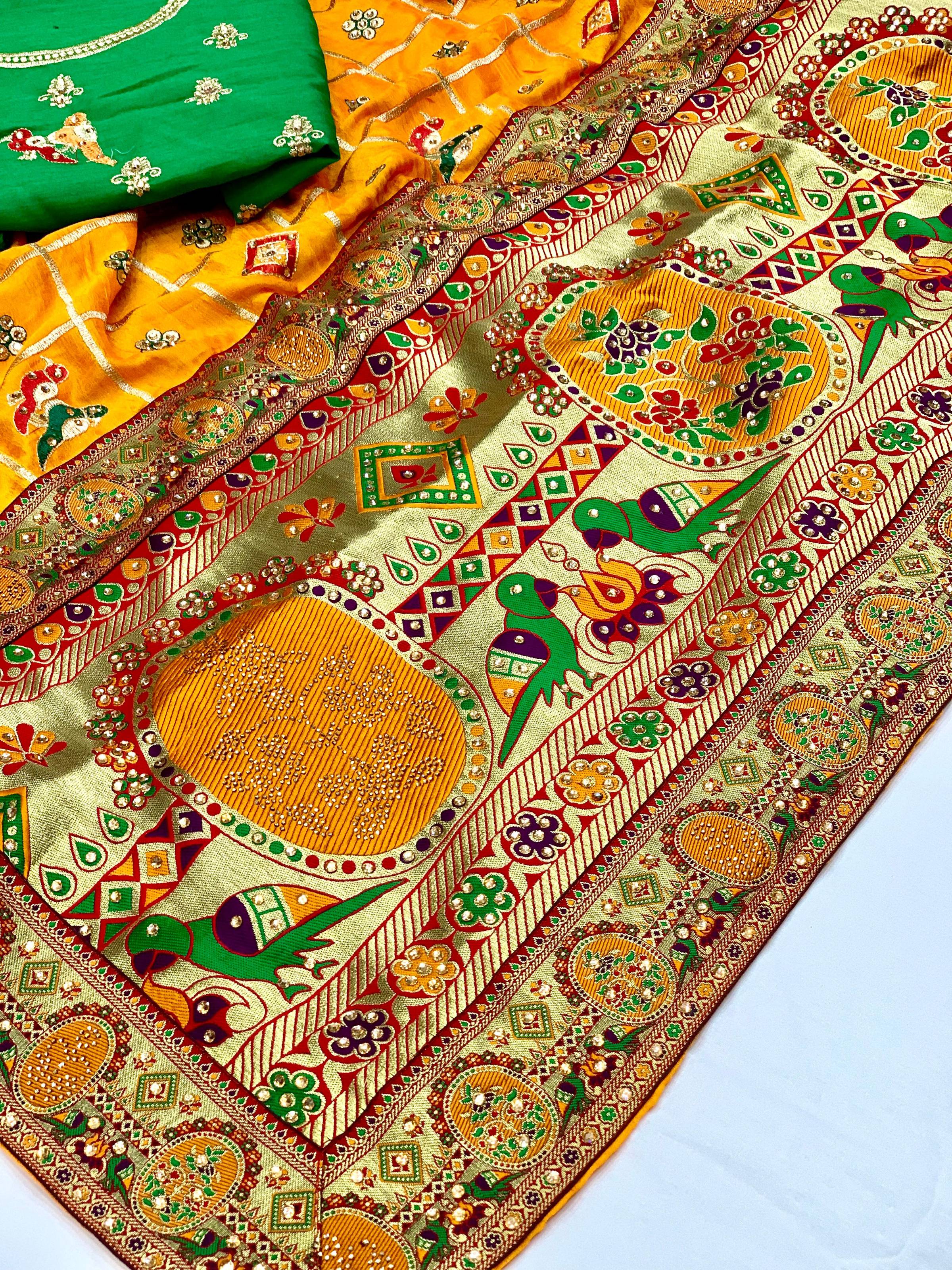 Lorenvalley Fashion Premium Yellow Vichitra Silk Embroidery and Diamond work Both Side Saree | Grocsy