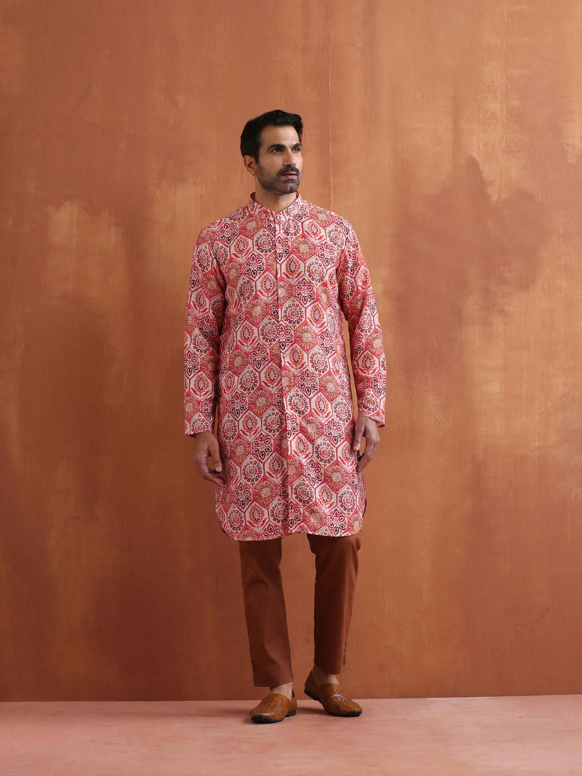 trueBrowns Men's Beige Printed Front Open Kurta | Grocsy