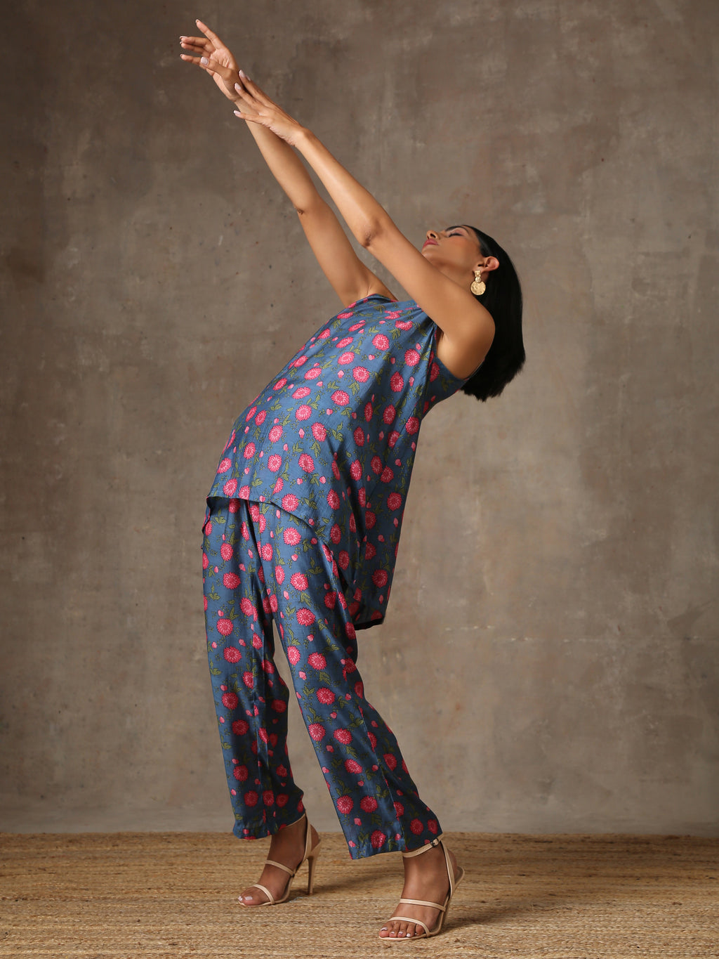 trueBrowns Blue Pink Printed Silk Co-Ord Set | Grocsy