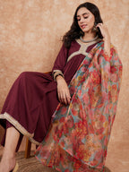 InWeave Women's Dark Burgundy Alia Neck Style Gota Set W Organza Dupatta | Grocsy