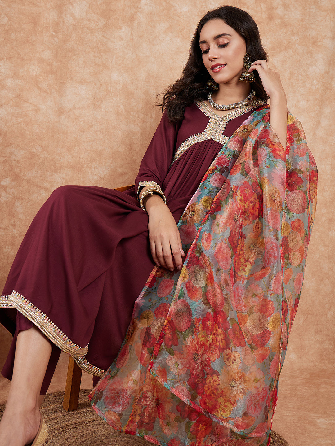 InWeave Women's Dark Burgundy Alia Neck Style Gota Set W Organza Dupatta | Grocsy