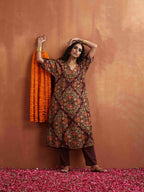 trueBrowns Brown Floral Print Kaftan Kurta Set | Grocsy